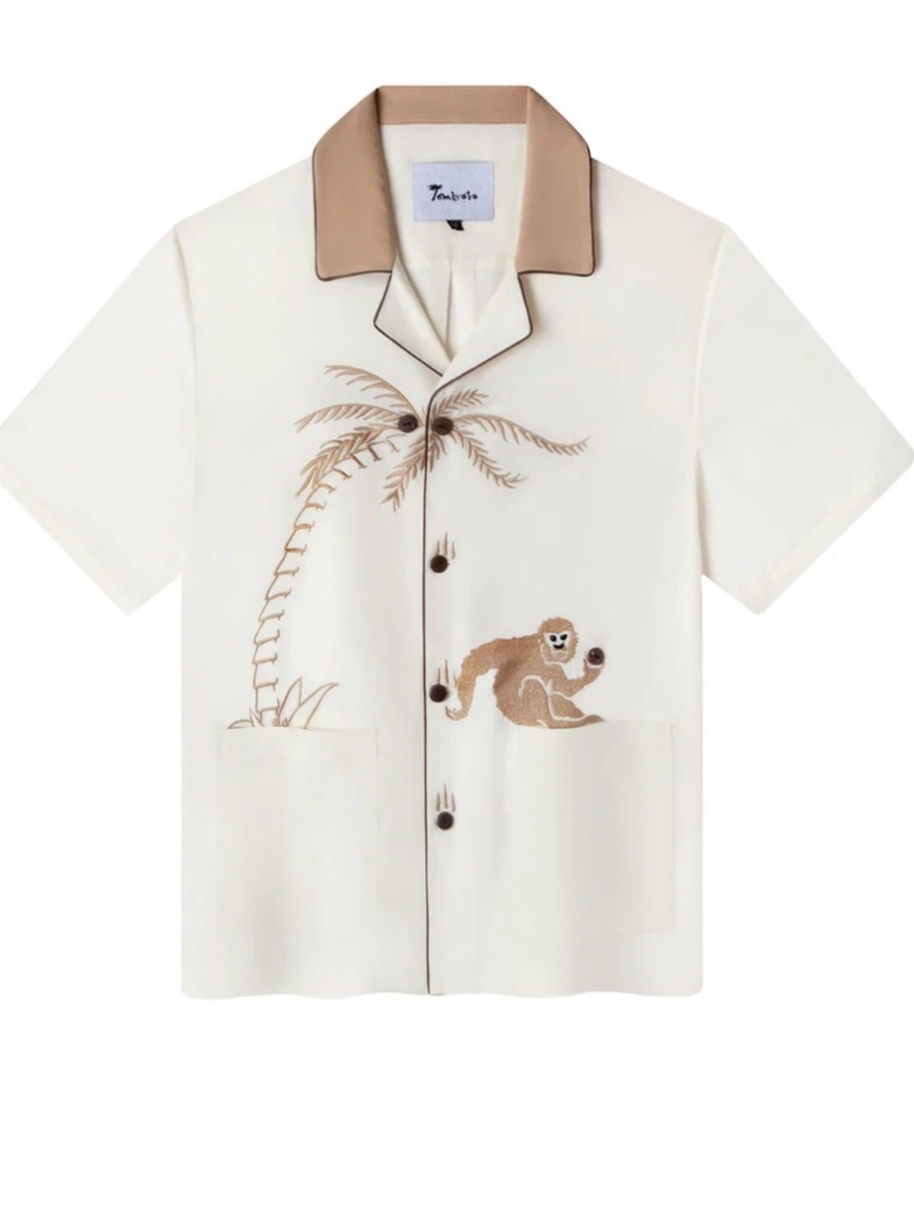Tombolo Monkey Business Medium Embroidered Button-Down Cabana Shirt Vanilla
